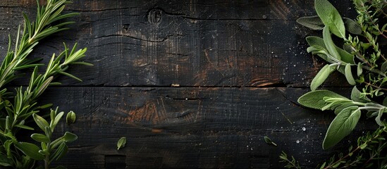 A variety of fresh Italian herbs like rosemary, oregano, and sage displayed on a rustic wooden surface with a black ornate backdrop, viewed from above, including space for text or images