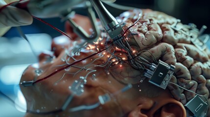 Poster - close-up of a neural interface device meticulously attached to a brain, highlighting intricate desig