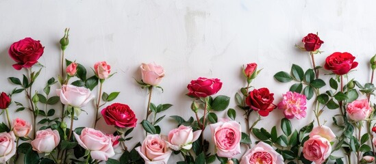 Wall Mural - A border of garden roses with a white background creates a lovely copy space image.