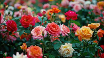 Poster - A garden full of blooming roses in various colors