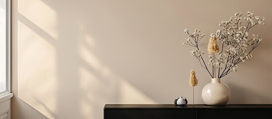 Sticker - Simplistic living room setup with a black commode, a vase of dried flowers, wall decoration, and stylish personal accessories, featuring a copy space image.