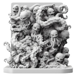 Wall Mural - A 3D printed sculpture of numerous grotesque faces, tentacles, and eyes intertwined in a chaotic and unsettling display