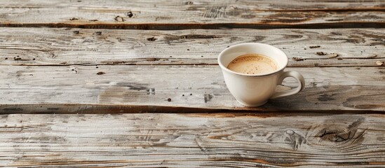 Sticker - Cappuccino cup on a rustic wooden table with copy space image.