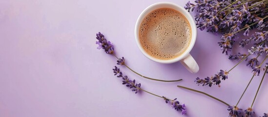 Sticker - Delicious coffee with lavender on a bright backdrop, featuring copy space image.