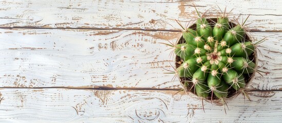 Sticker - Cactus seen from above on a white wooden surface with copy space image.