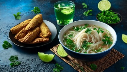 Wall Mural - A bowl of Burmese Mohinga, a fish soup with rice noodles and banana stem, garnished with coriander and lime. Served with a plate of fried snacks and a glass of green tea