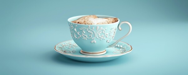 Blue Teacup with Floral Design and Latte Art