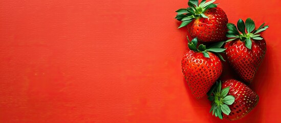 Sticker - Fresh strawberry fruit on a vibrant red and green backdrop with copy space image available.