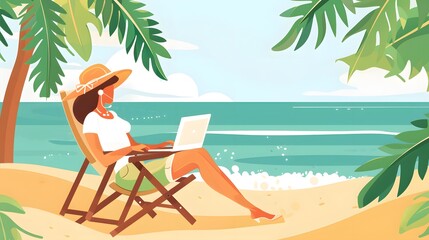 A woman relaxes on a beach chair on a tropical island while working on her laptop, A day off Customizable Semi Flat Illustration