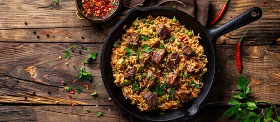 Top view of a traditional Uzbek pilaf with meat in a cast-iron skillet on a wooden table, with a background image and ample copy space in a flat lay composition.