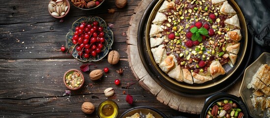 Top view of a portion of Turkish sweet, pismaniye, topped with nuts and pistachios, displayed as a ready-to-eat snack on a rustic table with a food background and copy space image.