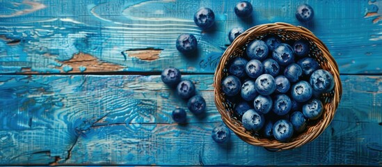 Wall Mural - Flat lay photograph of fresh blueberries in a wicker bowl on a rustic blue wooden table, depicting a concept related to harvesting, nutrition, and vitamins, with room for text or a logo