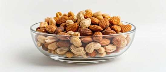 Wall Mural - A variety of peanuts and almonds in a glass bowl on a white background with room for text or other images. Copy space image. Place for adding text and design