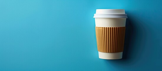 Sticker - Present a disposable coffee cup against a blue backdrop with an available area for text or graphics. . Copy space image. Place for adding text and design