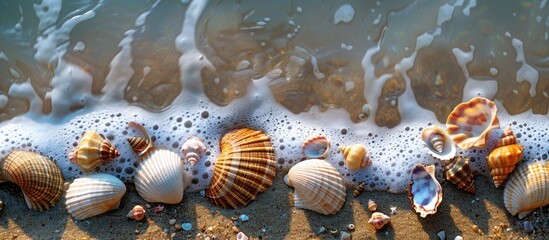 Poster - Sandy shore adorned with various seashells and pebbles, creating a serene seascape perfect for a copy space image.