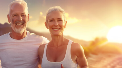 Sticker - A man and woman are smiling at the camera in front of a beautiful sunset, couple jogging