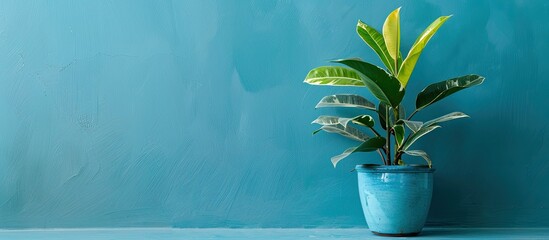 Poster - A plant with a blue wall backdrop showcasing a copy space image.