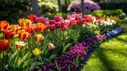 Sticker - A vibrant bed of colorful tulips in a well-manicured garden