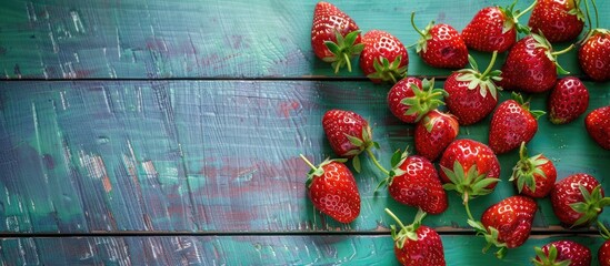 Wall Mural - Top view of fresh, ripe strawberries on a green wooden table with a banner background featuring a copy space image.