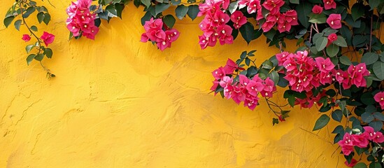 Wall Mural - Beautiful background of a yellow wall adorned with pink flowers and green leaves, providing a tranquil scene with copy space for text and design.