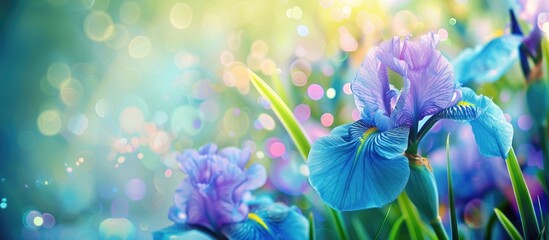 Canvas Print - Close-up of violet and blue Japanese iris flowers on a green garden backdrop with a blurred background perfect for a copy space image.