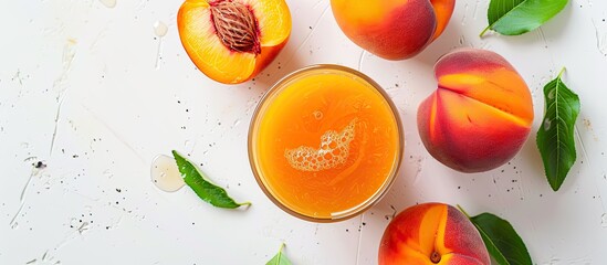 Wall Mural - Top view of fresh peach juice with a white backdrop and copy space image, showcasing healthy food with fresh peaches.