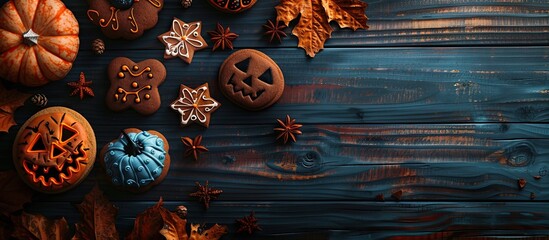 Wall Mural - Festive cookies for Halloween and Thanksgiving, ideal for children and parties, displayed on a dark wooden table with ample copy space image.