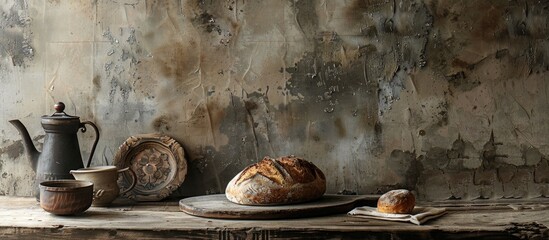 Sticker - A rustic table set up with kitchen items, showcasing a loaf of freshly baked bread against a weathered backdrop, ideal for a copy space image.