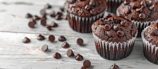 Sticker - Selective focus on chocolate muffins placed on a white rustic wooden table with room for text or graphics, creating a picturesque copy space image.