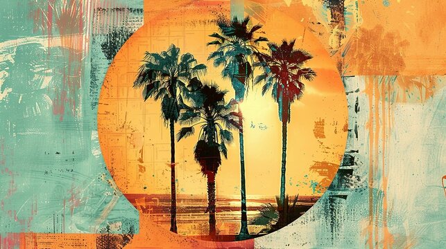Palm Tree Collage in Circular Frame: Vintage-Inspired Summer Motifs in Vibrant Orange and Turquoise