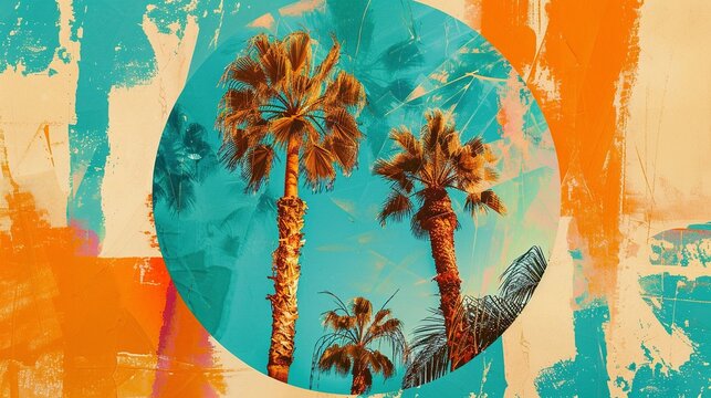 Palm Tree Collage in Circular Frame: Vintage-Inspired Summer Motifs in Vibrant Orange and Turquoise