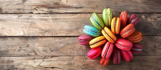 Colorful macarons stacked like a flower on a wooden background with ample copy space in a flat lay composition.