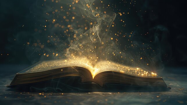 An open book with a glowing light coming out, representing knowledge and discovery
