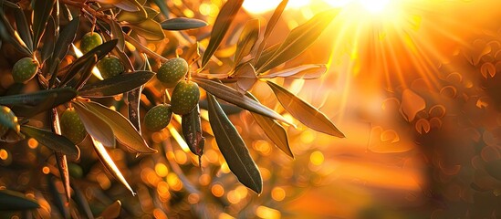 Wall Mural - Sunset illuminating olive tree leaves in Toledo with copy space image.