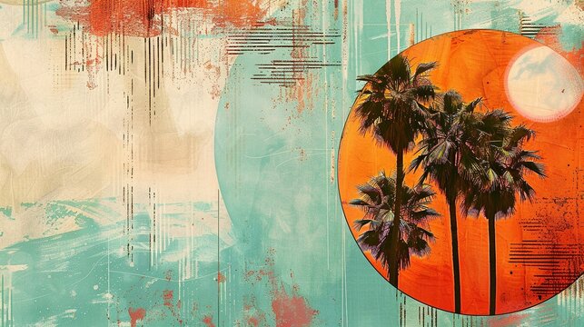 Colorful Vintage-Inspired Collage with Palm Trees in a Circular Frame and Abstract Summer Motifs in Warm Orange and Turquoise