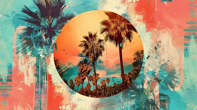 vibrant collage with palm trees in a circle, surrounded by abstract summer designs in citrus orange 