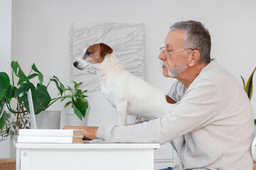 Wall Mural - Mature man with cute Jack Russell terrier near table at home