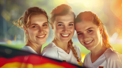 Wall Mural - Three girls are smiling and posing for a picture with flag, German people in Germany