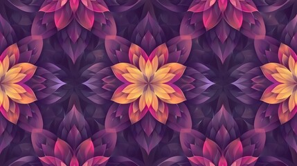 Vibrant symmetrical floral pattern in purple and orange hues, abstract design.