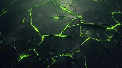 Canvas Print - graphite floor with green lava cracks moving foward in dark mat background