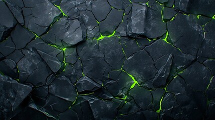 Poster - graphite floor with green lava cracks moving foward in dark mat background