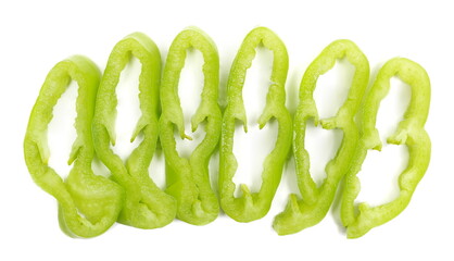 Wall Mural - Set fresh green paprika, slice pepper isolated on white, top view