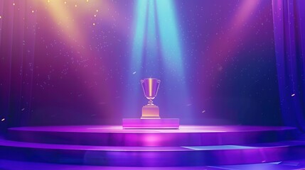 Wall Mural - Golden Trophy on Purple Podium with Stage Lights