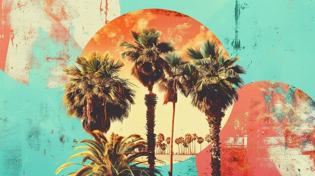 Circular Palm Tree Collage with Vintage Summer Motifs in Warm Orange and Turquoise