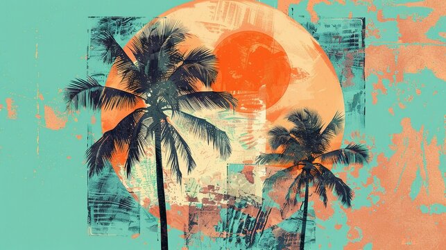 retro collage with circular palm tree frame and vibrant abstract summer motifs in warm citrus shades