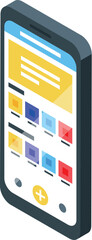 Poster - Smartphone showing mobile app interface with plus button for adding new content, isometric 3d illustration