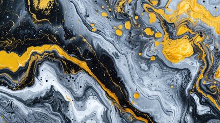 Wall Mural - Abstract acrylic surface in black and yellow with rock fluid pattern watercolor canvas in motion artistic paint splatter marble surface in abstract form fluid wallpaper in gray and black an