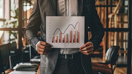 Poster - Businessman holding a graph showing upward profits in an office setting