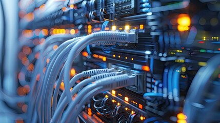 Poster - Close-up of a data center with servers and cables, showcasing IT facilities