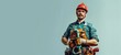 © Summit Art Creations - A construction worker wearing a hard hat and tool belt is standing in front of a blue background He is looking at the camera with a confident expression. AIGZ01
